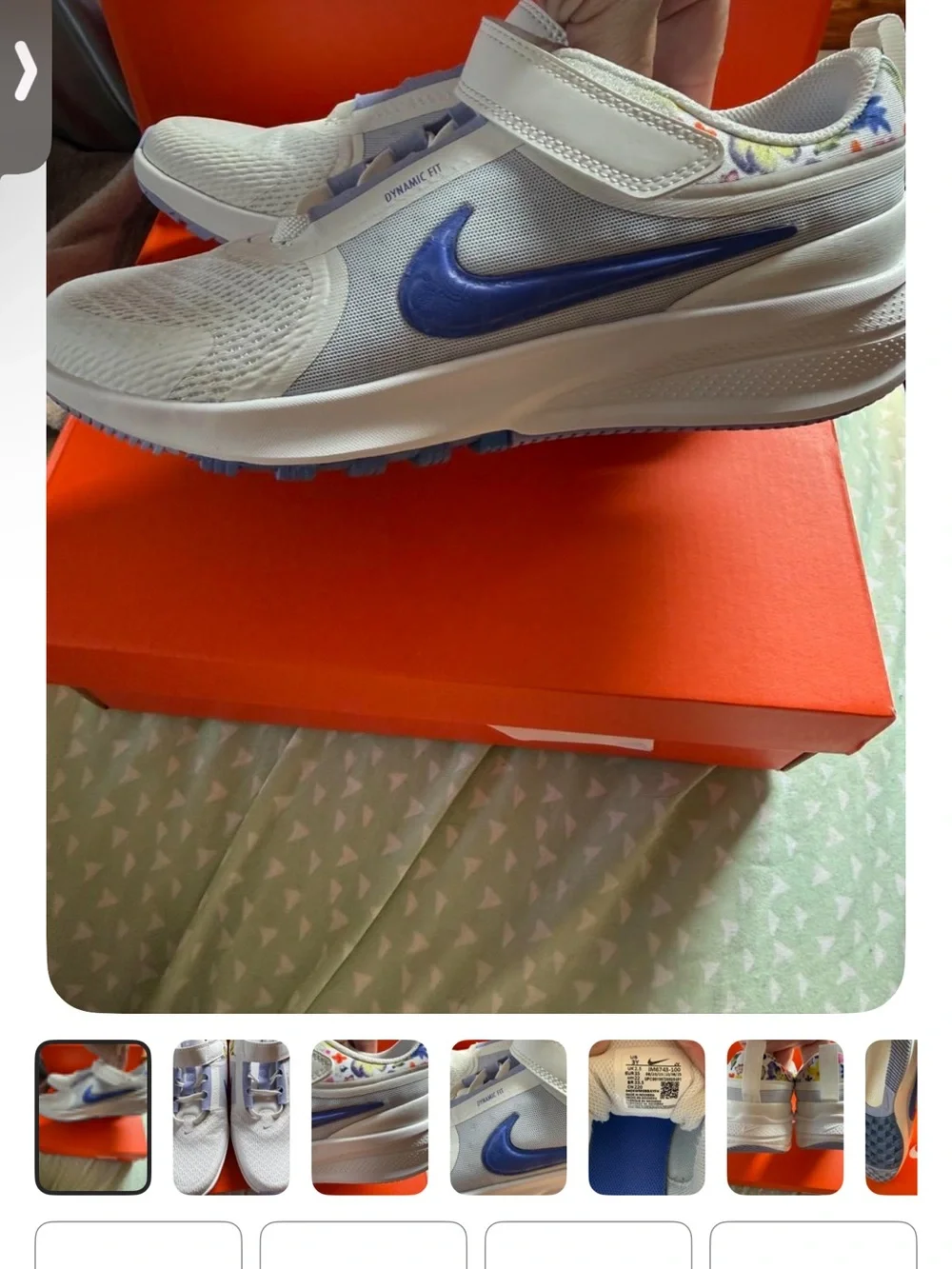 Nike White Kids Sneakers with Blue Swoosh and Multicolor Collar